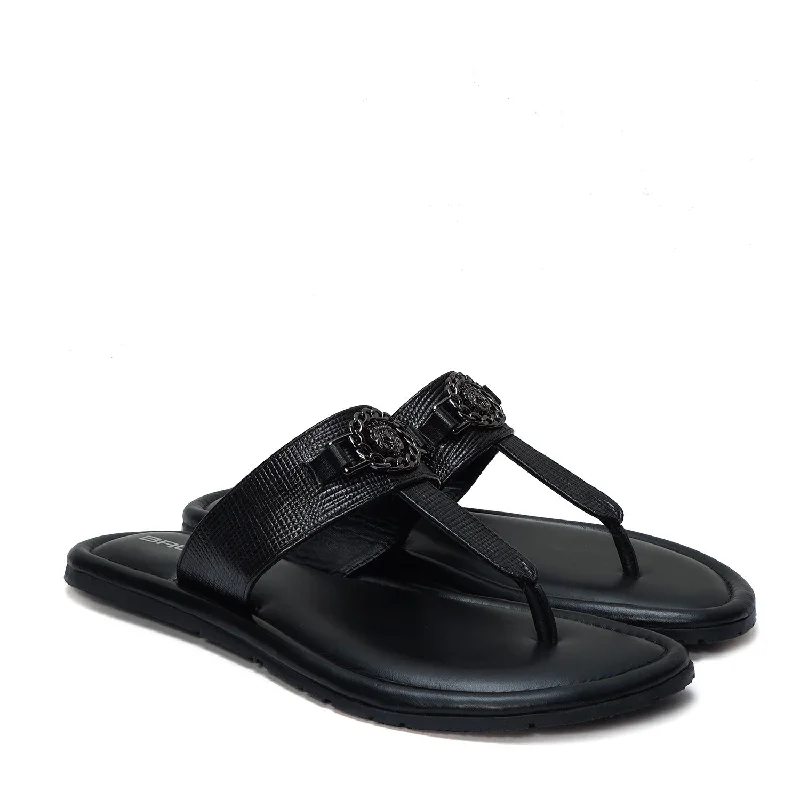 Men's slippers with a logo patch on the sideSaffiano T-Strap Black Slide-in Slipper