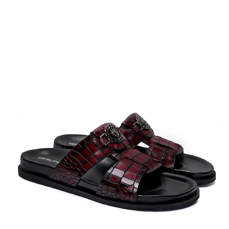 Men's slippers with a memory foam insolePass Through Broader Toe Strap Leather Slippers in Wine Leather