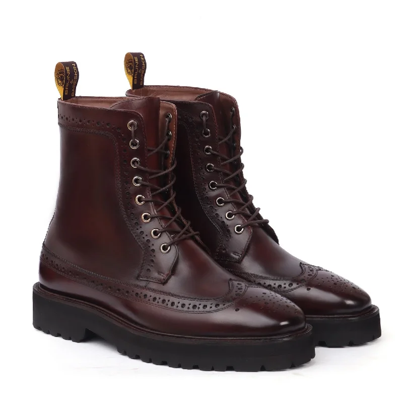 Men's Oxford shoes with a leather lining for breathabilityLight Weight Lug Sole Lace-Ups Boot Dark Brown Wingtip Full Punching Brogue Design by Brune & Bareskin