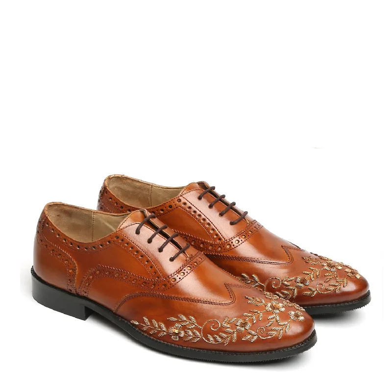 Brogue - perforated men's Oxfords for a traditional lookZardosi Wingtip Oxford Lace-Up Formal Shoes in Tan genuine Leather by Brune & Bareskin Brogue - perforated men's Oxfords for a traditional lookZardosi Wingtip Oxford Lace-Up Formal Shoes in Tan genuine Leather by Brune & Bareskin