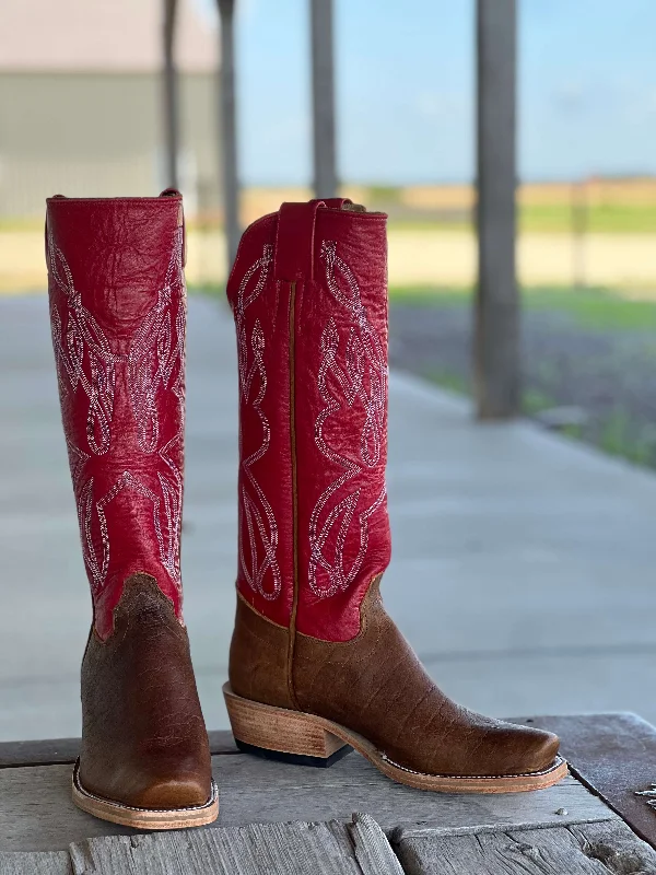 Men's cowboy boots with a distressed leather finishOlathe Boot Co. | Natural Brahma Bison O Toe Tall Top Boot