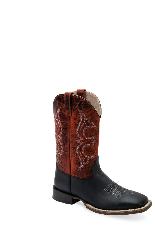 Men's cowboy boots with a concho belt detailOld West Mens Broad Square Toe Black/Burnt Red Leather Cowboy Boots