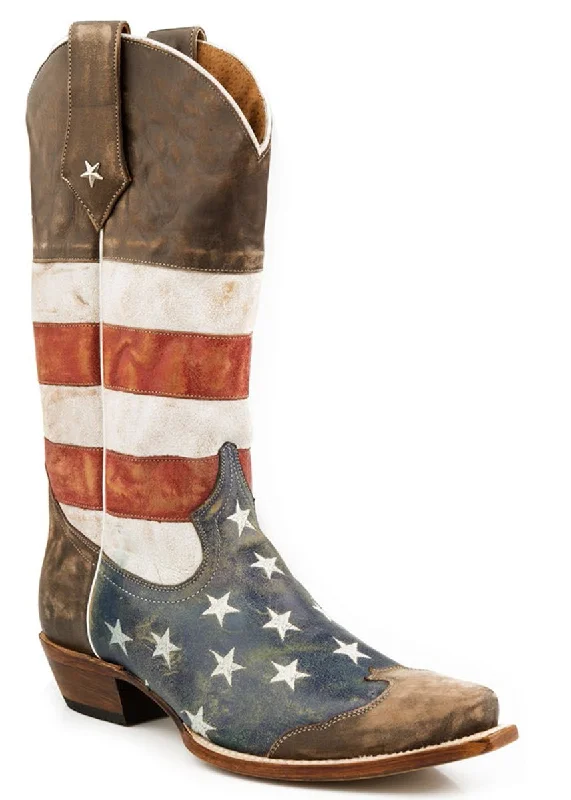 Men's cowboy boots with a suede shaftRoper Mens Americana Brown American Flag Snip Toe Leather Cowboy Boots