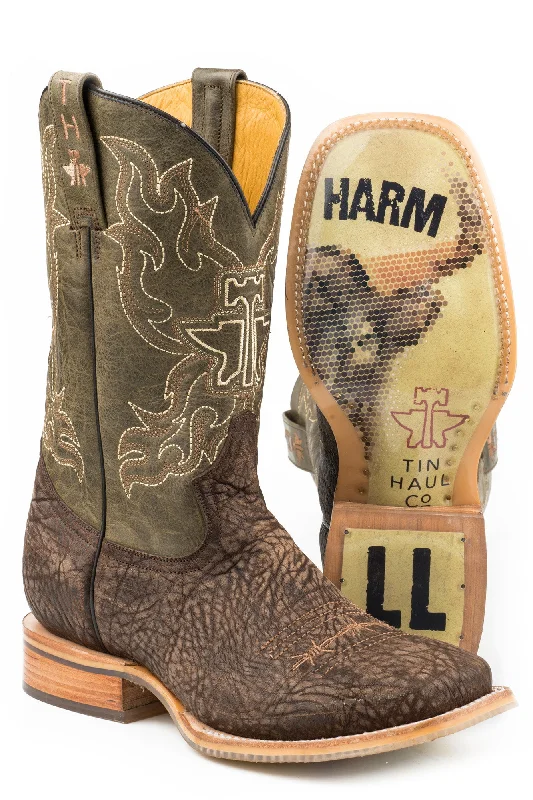 Men's cowboy boots with a high - heeled designTin Haul Mens Brown Leather Take No Bull Bullhide Cowboy Boots