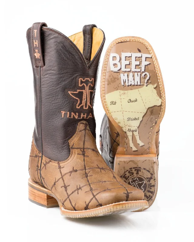 Alligator - print men's cowboy boots for a bold lookTin Haul Mens Brown Leather Butcher Shop Bob Wire Cowboy Boots