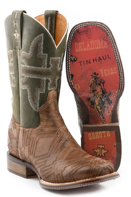 Men's cowboy boots with a concho belt detailTin Haul Mens Tan Leather In Stitches Cowboy Heritage Cowboy Boots