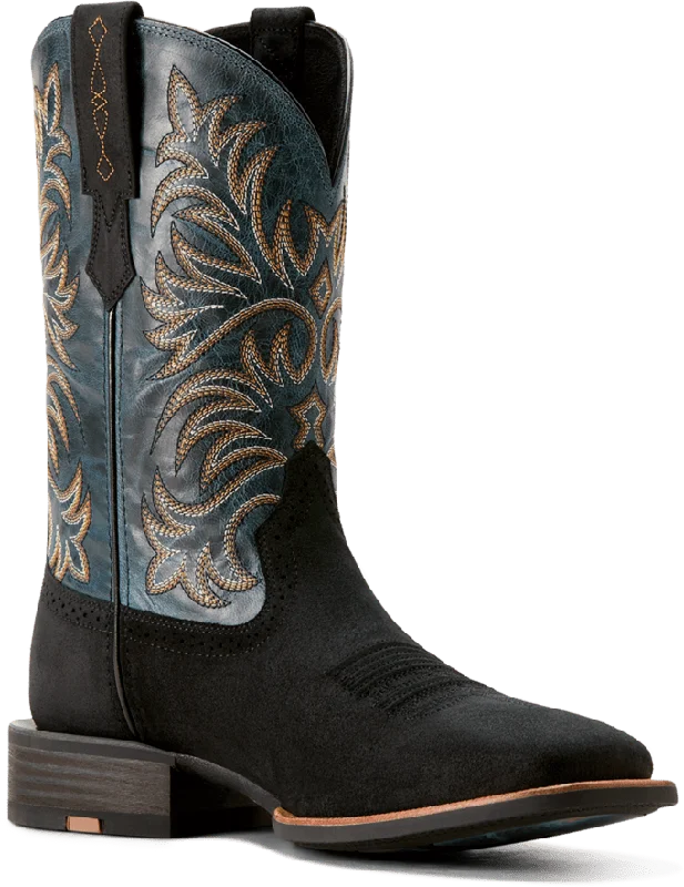 Western - style men's boots with intricate tooling and stitchingAriat Men's Black Suede Oakwood Cowboy Boot