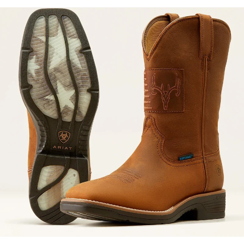 Men's western boots with a decorative inlay on the toe and heelAriat Men's Brown Ridgeback Country Waterproof Cowboy Boot