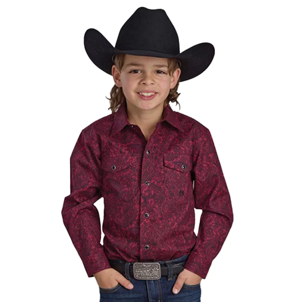 Vintage - style men's western boots with a square toe and spur ledgeRoper Boy's Wine Paisley Pearl Snap Long Sleeve