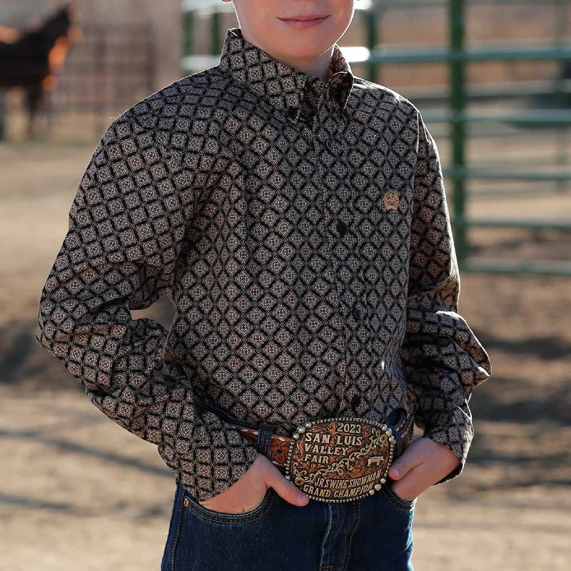 Men's western boots with a distressed leather finish for a rugged lookCinch Boy's Medallion Print Button Down