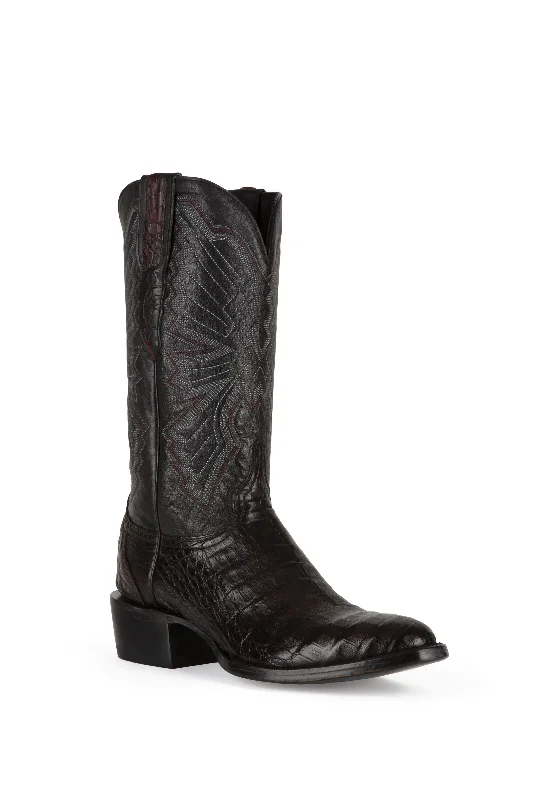 Men's western boots with a tooled leather design on the shaftAllens Brand - Carson Caiman - Round Toe - Black Cherry