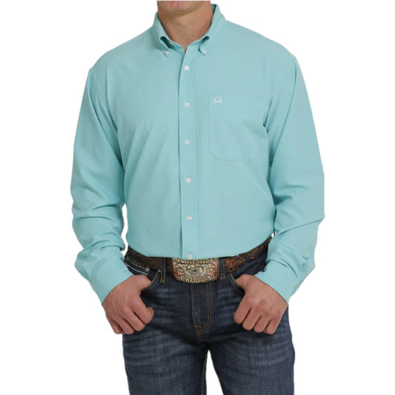 Vintage - style men's western boots with a square toe and spur ledgeCinch Turquoise Button Down Men's Shirt