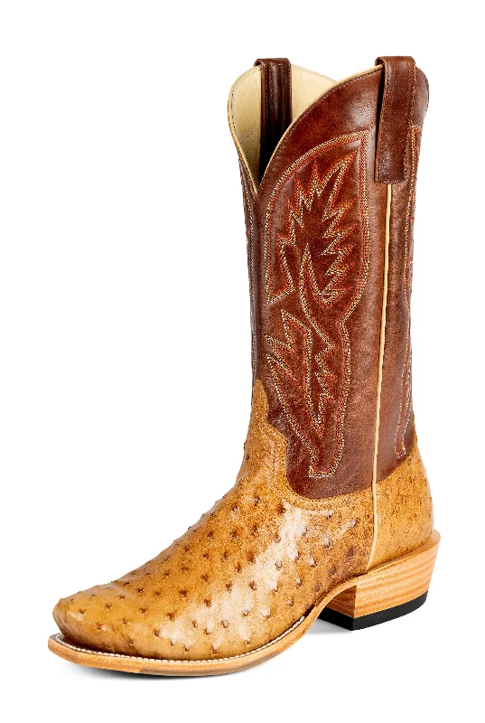 Men's western boots with a decorative concho belt and buckleHorsepower Top Hand Antique Saddle Full Quill Ostrich