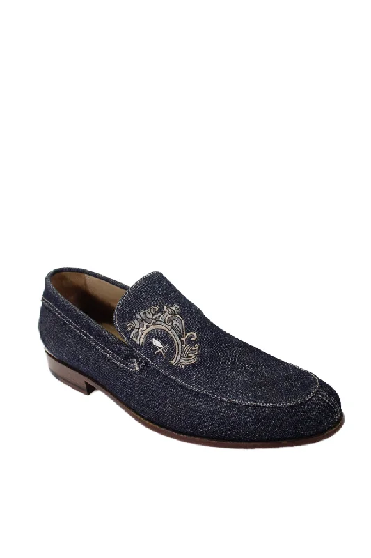 Men's formal shoes with a padded insole for comfortTardini Mens Denim Embroidered Slide On Dress Shoes Loafers Blue