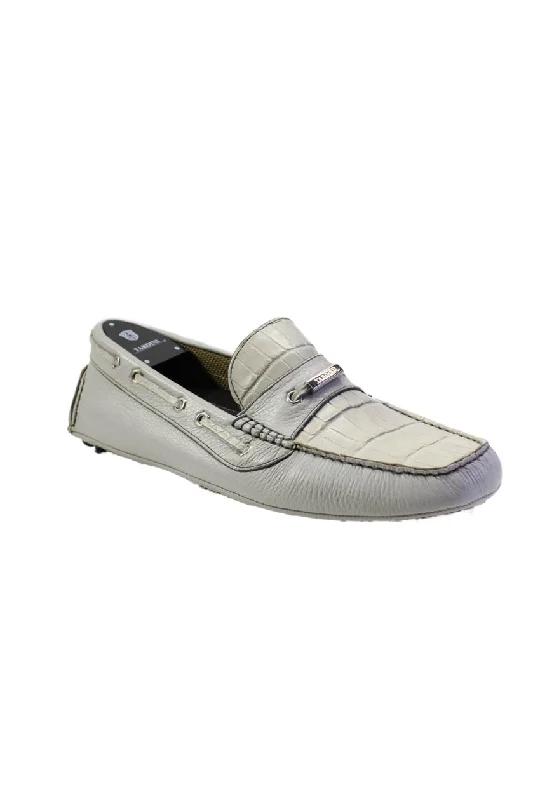 Men's formal shoes in a black or brown leatherTardini Mens Italian Leather Alligator Skin Slip On Driver Moccasins Gray