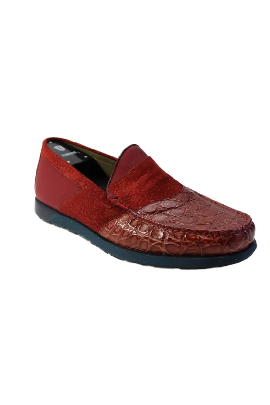 Men's leather formal Oxford shoes with a cap toeTardini Mens Peccary Leather Alligator Print Slip On Loafers Dark Red